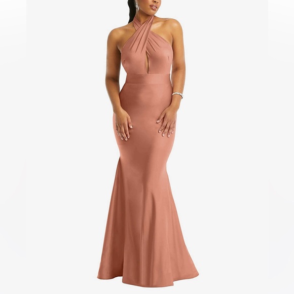 Cynthia & Sahar XIMENA Toasted Sugar CrissCross Halter Satin Mermaid Dress CS112 - Picture 2 of 10